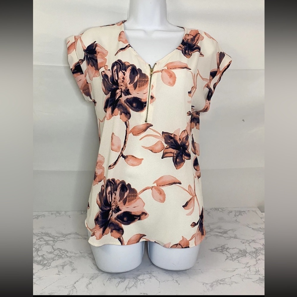 Tovia Short Sleeve 1/4 Zip Up Top Womens S Peach Pink Floral Stretchy Blouse I1﻿